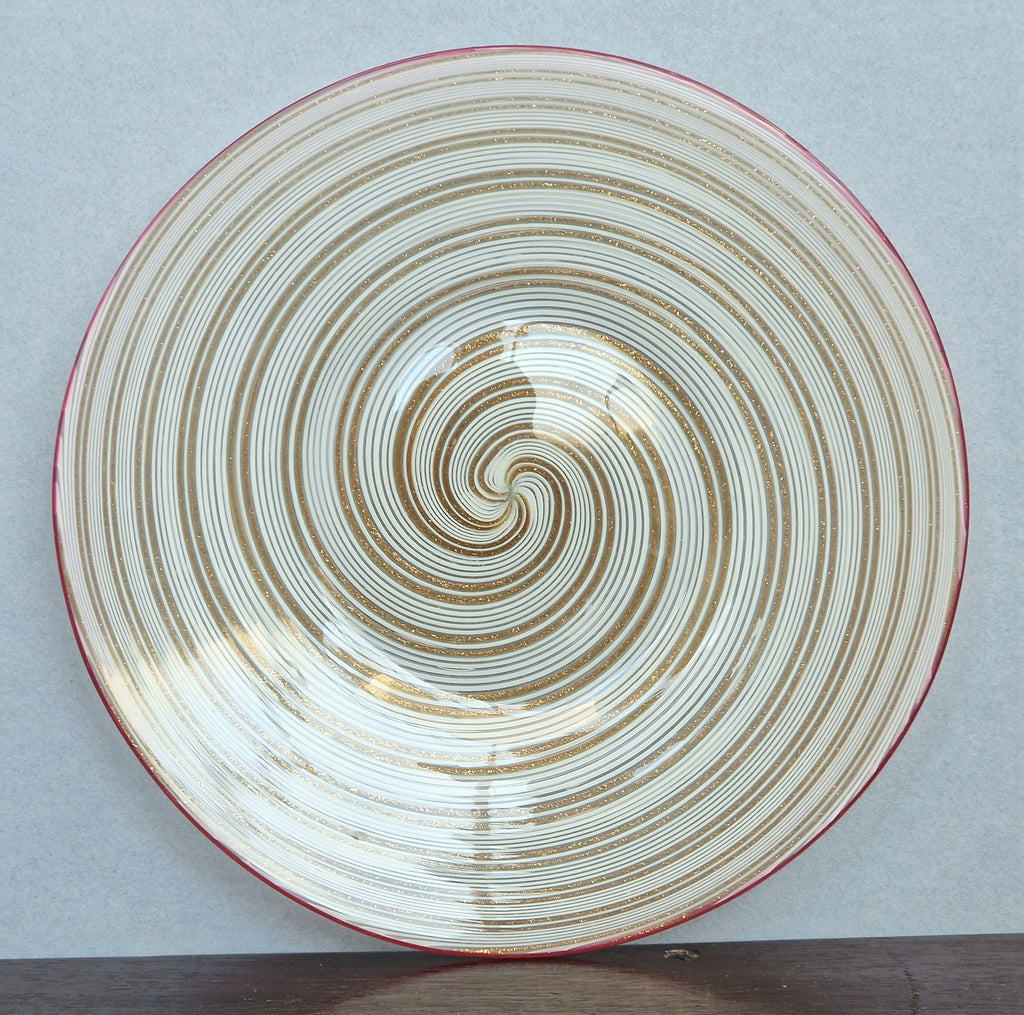 Antique Salviati Murano Glass Plate, Mezza Filigrana, Copper Aventurine, Red Rim, Venetian, c.1860–1872, 17.8cm, Rare Collectable