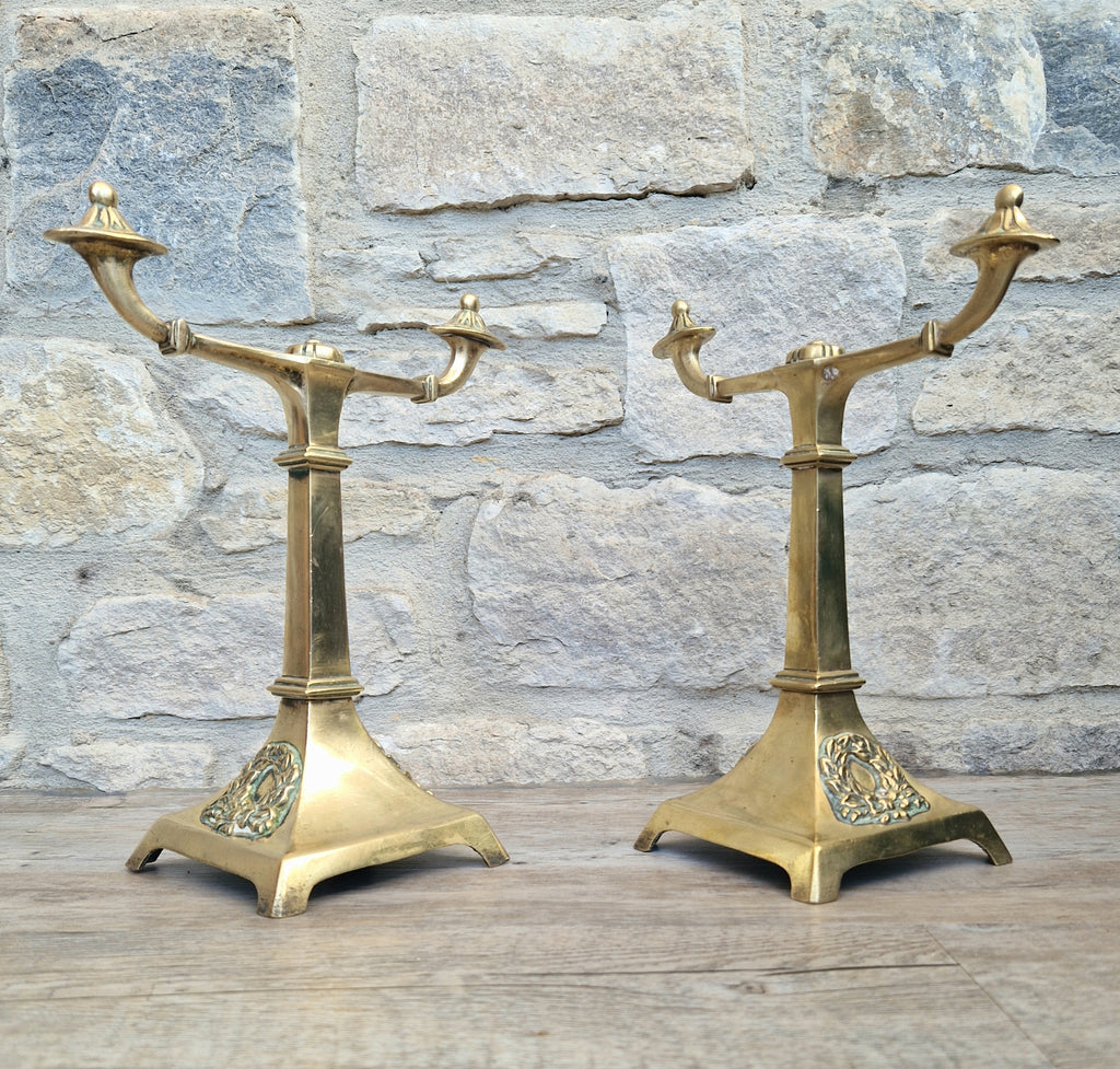 Louis XVI Revival Cast Brass Andirons Fire Dogs Wreath Relief Decoration Pair (c.1870–1900)