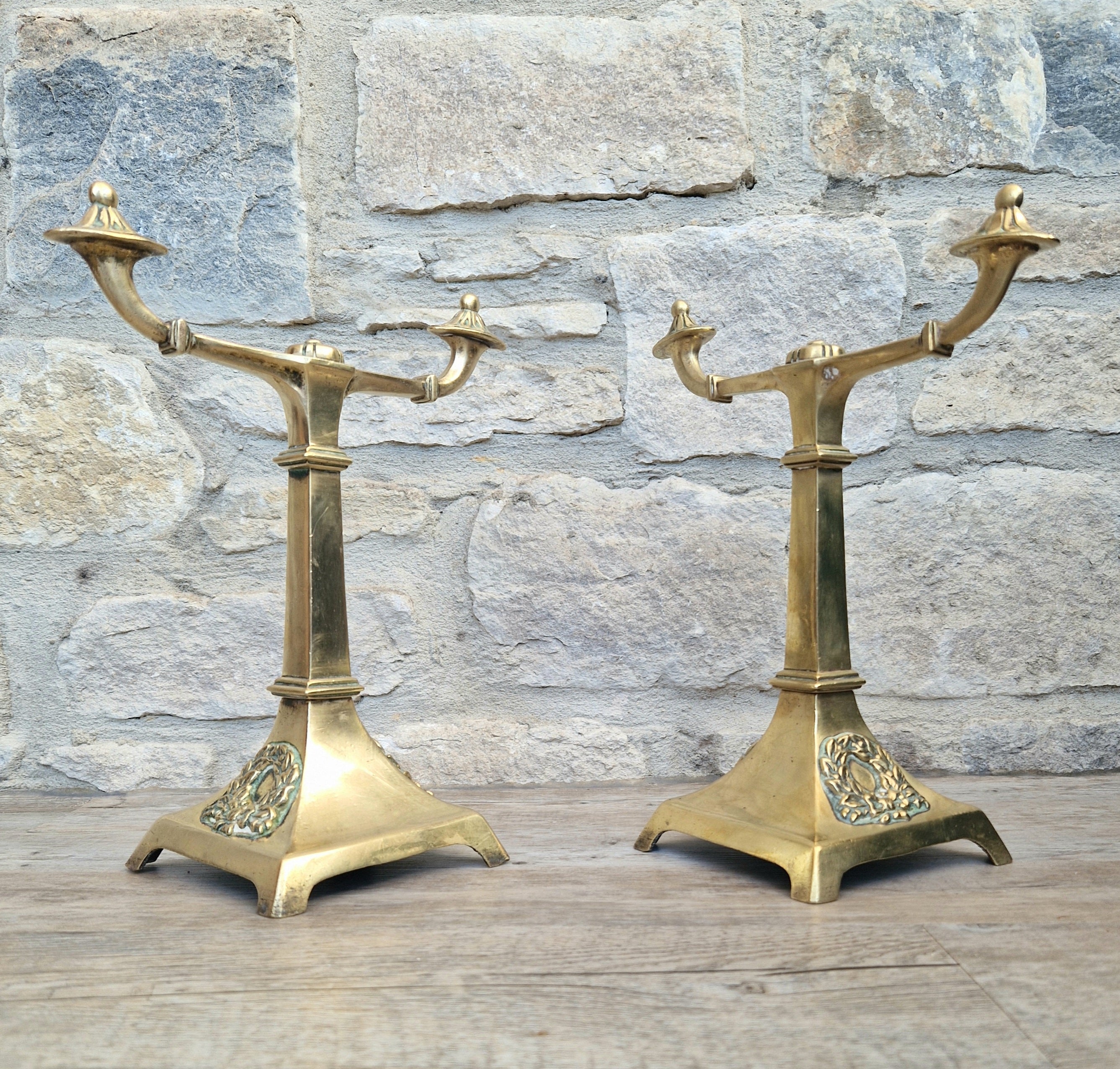 Louis XVI Revival Cast Brass Andirons Fire Dogs Wreath Relief Decoration Pair (c.1870–1900)