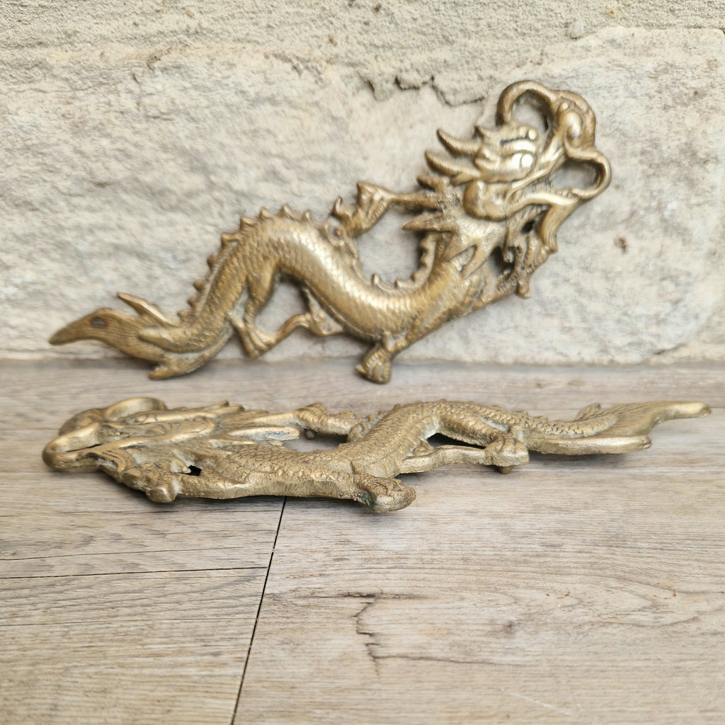 Pair Of Antique Heavy Cast Brass Chinese Dragons Wall Decoration or Door Pulls 22cm