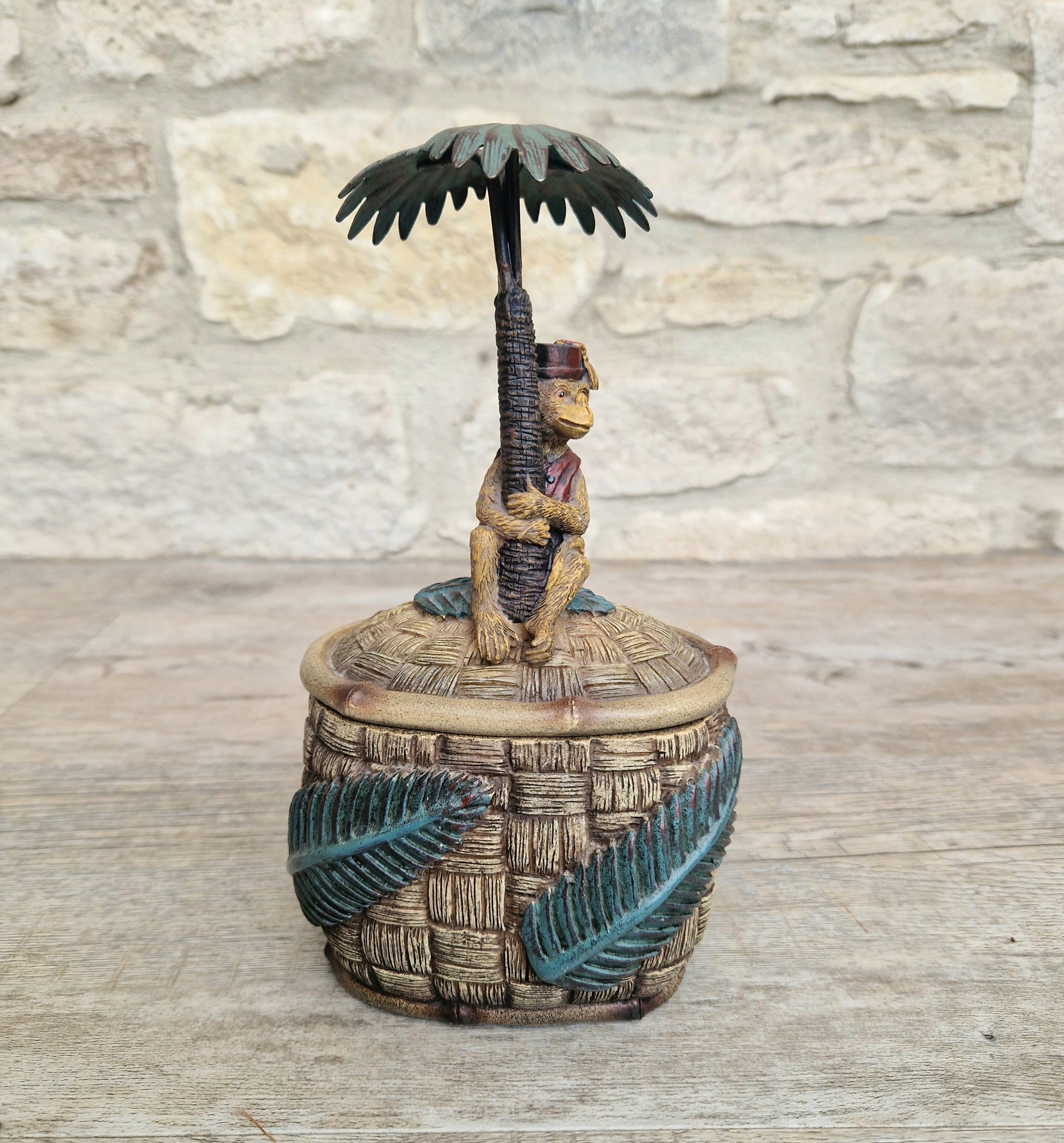 Vintage Novelty Monkey in Fez on Palm Tree Resin Trinket Pot .1980s Heavy Resin Decorative Monkey Lidded Trinket Pot 20cm Tall 916 Grams