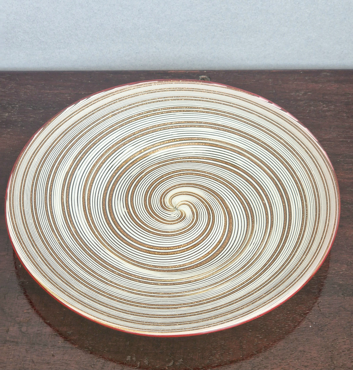 Antique Salviati Murano Glass Plate, Mezza Filigrana, Copper Aventurine, Red Rim, Venetian, c.1860–1872, 17.8cm, Rare Collectable