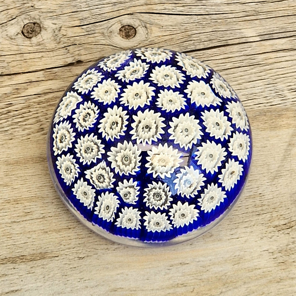 ALT Studio Murano Glass Deep Blue & White Star Flower Millifiore Paperweight