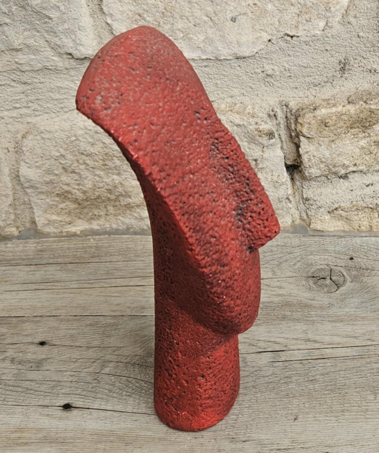 Vintage Red Cycladic Head Sculpture Minimalist Pop Art Textured Resin 18.5cm Tall