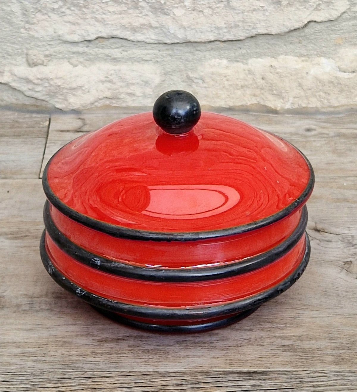 Art Deco Bohemian Red Black Hooped Glass Powder Box Covered Vanity Jar Jar Lid 12cm