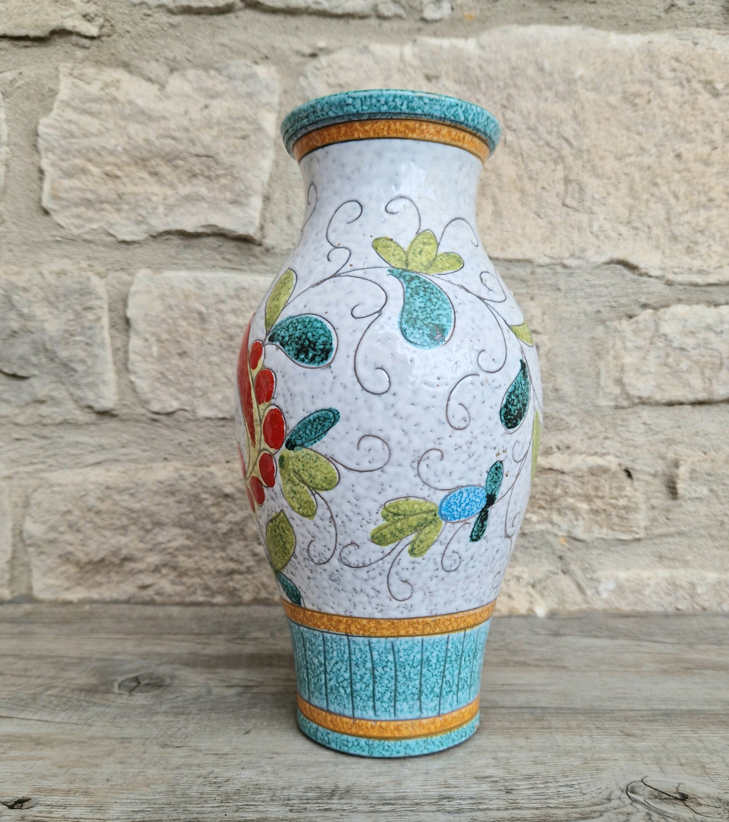 Vintage Large Italian Ceramic Floral Majolica Vase Sgraffito Technique Fratelli Fanciullacci 26cm Tall