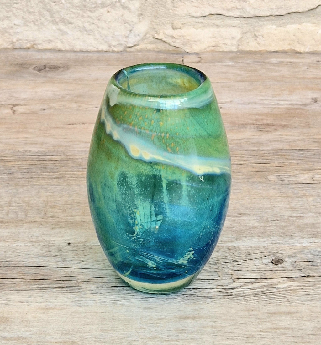 Vintage Mdina Maltese Art Glass Tiger Vase 16cm Signed Mid Century Blue Green 1kg