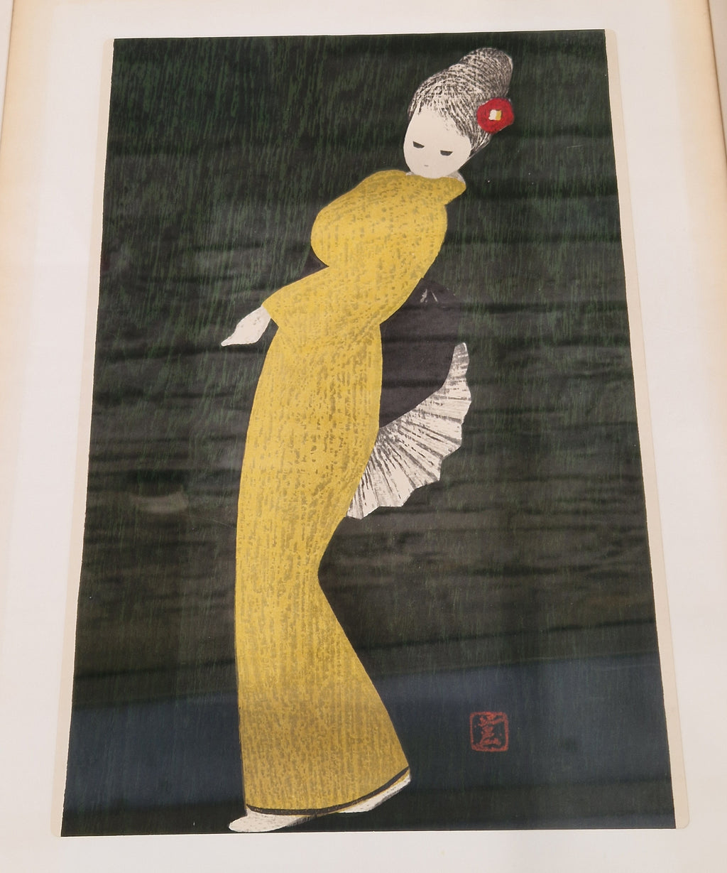 Vintage Kaoru Kawano Large Japanese Woodblock Print Camellia Yellow Kimono Mid-Century Framed