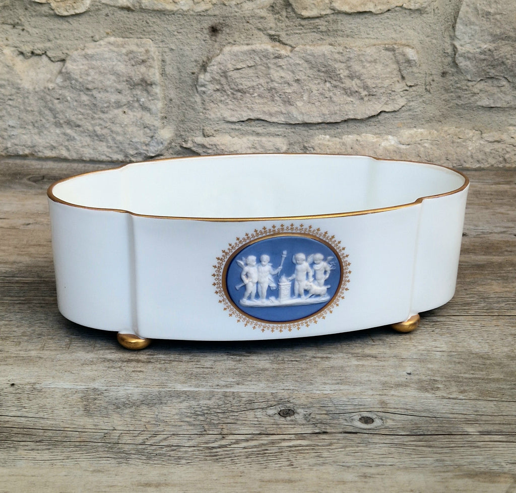 Vintage Vista Alegre Footed Centerpiece, White and Gold Porcelain Scalloped Planter Bowl Blue Jasperware Cherub Cameo