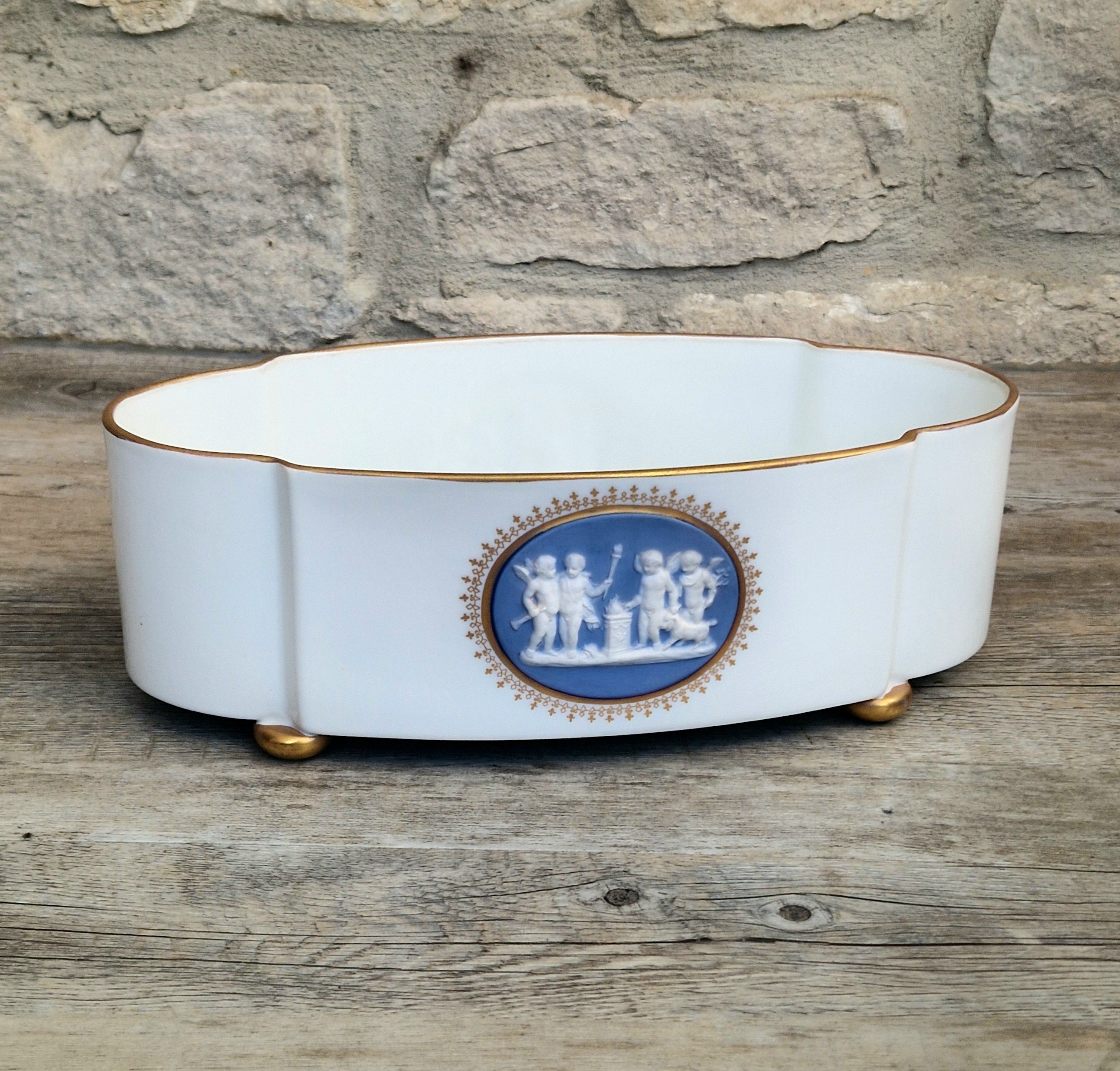 Vintage Vista Alegre Footed Centerpiece, White and Gold Porcelain Scalloped Planter Bowl Blue Jasperware Cherub Cameo