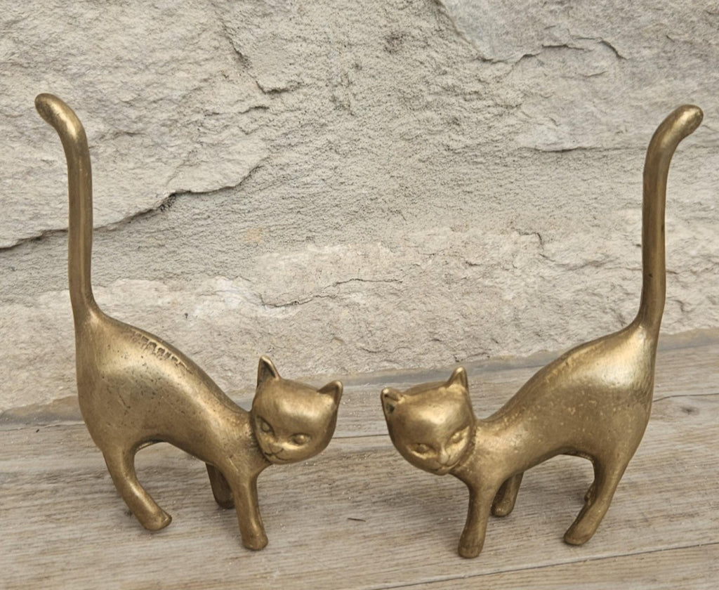 Mid-Century Solid Brass Cat Figurines: Pair of Cat Ornaments