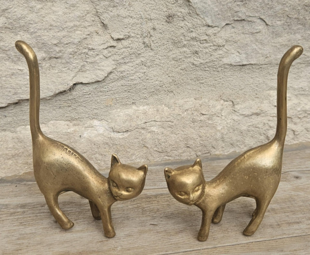 Mid-Century Solid Brass Cat Figurines: Pair of Cat Ornaments