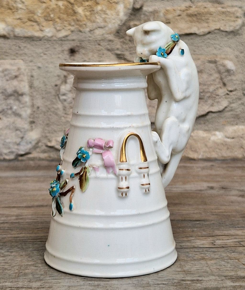 Antique Copeland Porcelain Cat Cream Churn Vases Pair Floral Applied Flowers Gilt 19th Century