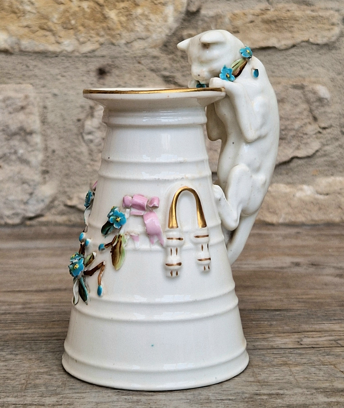 Antique Copeland Porcelain Cat Cream Churn Vases Pair Floral Applied Flowers Gilt 19th Century