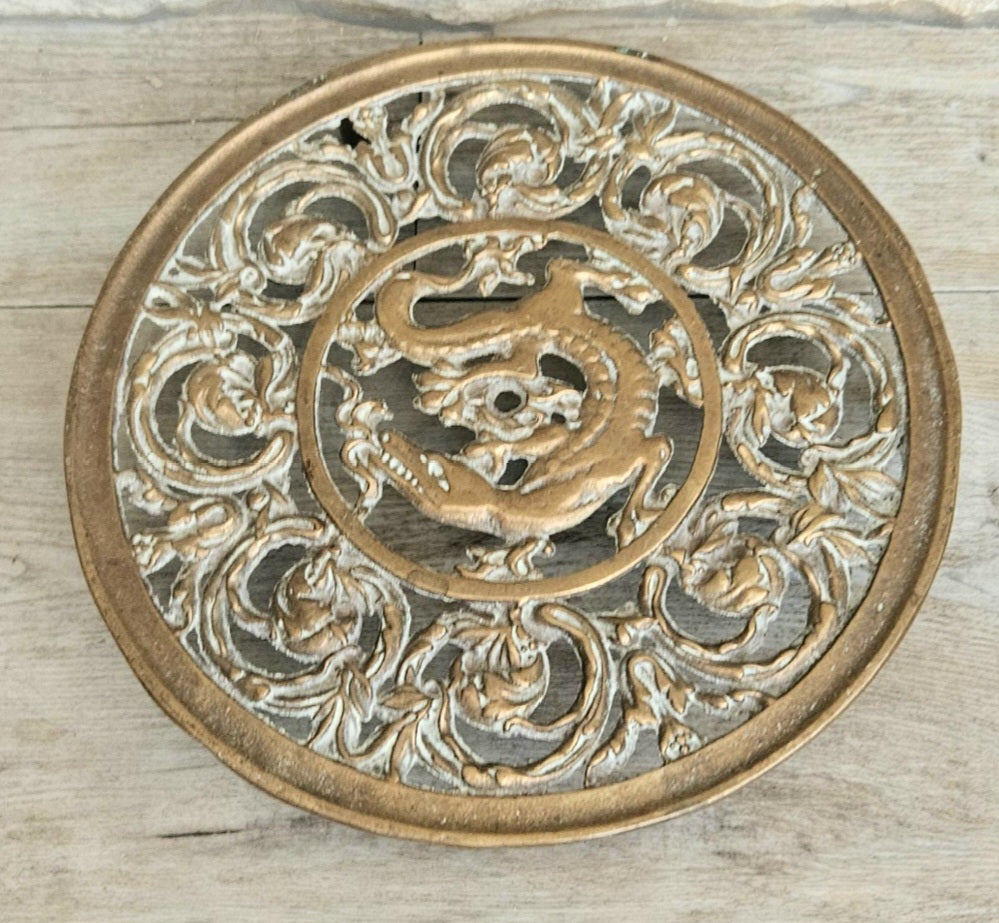 Vintage Filligree Ornate Brass Dragon Round Trivet Stand 20cm Diameter