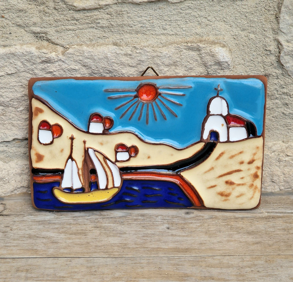 Vintage Dedallos Co Greek Ceramic Wall Plaque Handmade Mediterranean Souvenir Tile