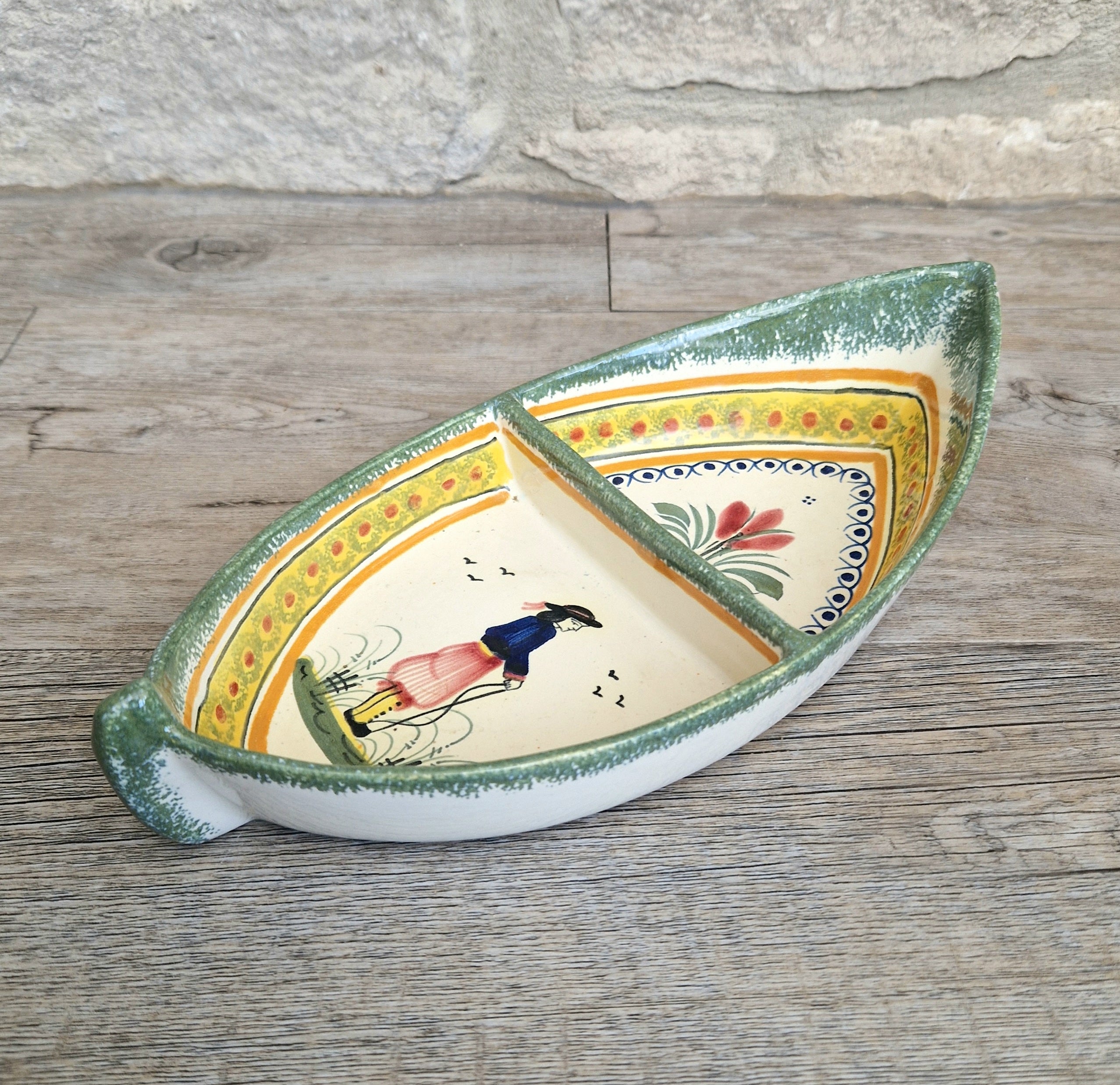 Vintage Henriot Quimper Faience Ceramic Boat Shape Divided Serving Dish