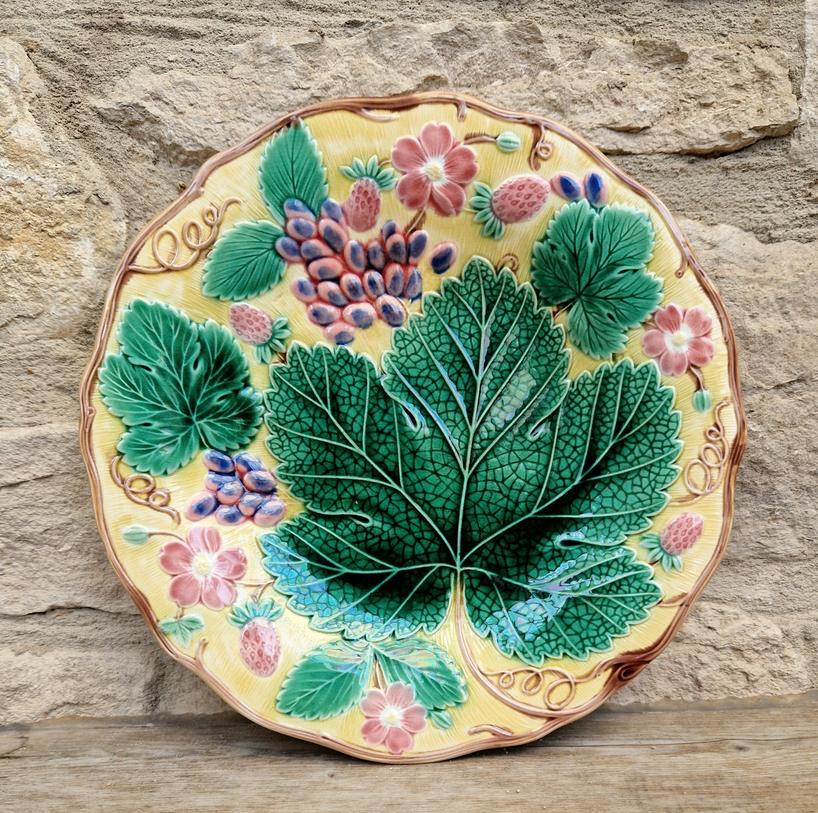 Rare Vintage Wedgwood Majolica Yellow Ground Strawberry Vine Plate 1930s English Pottery Exceptional Condition Grape Leaf & Berries