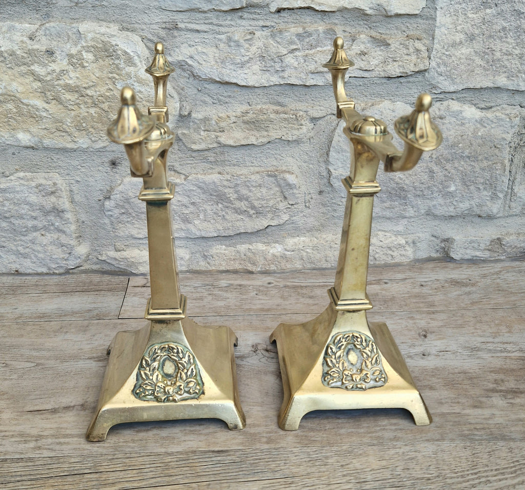 Louis XVI Revival Cast Brass Andirons Fire Dogs Wreath Relief Decoration Pair (c.1870–1900)