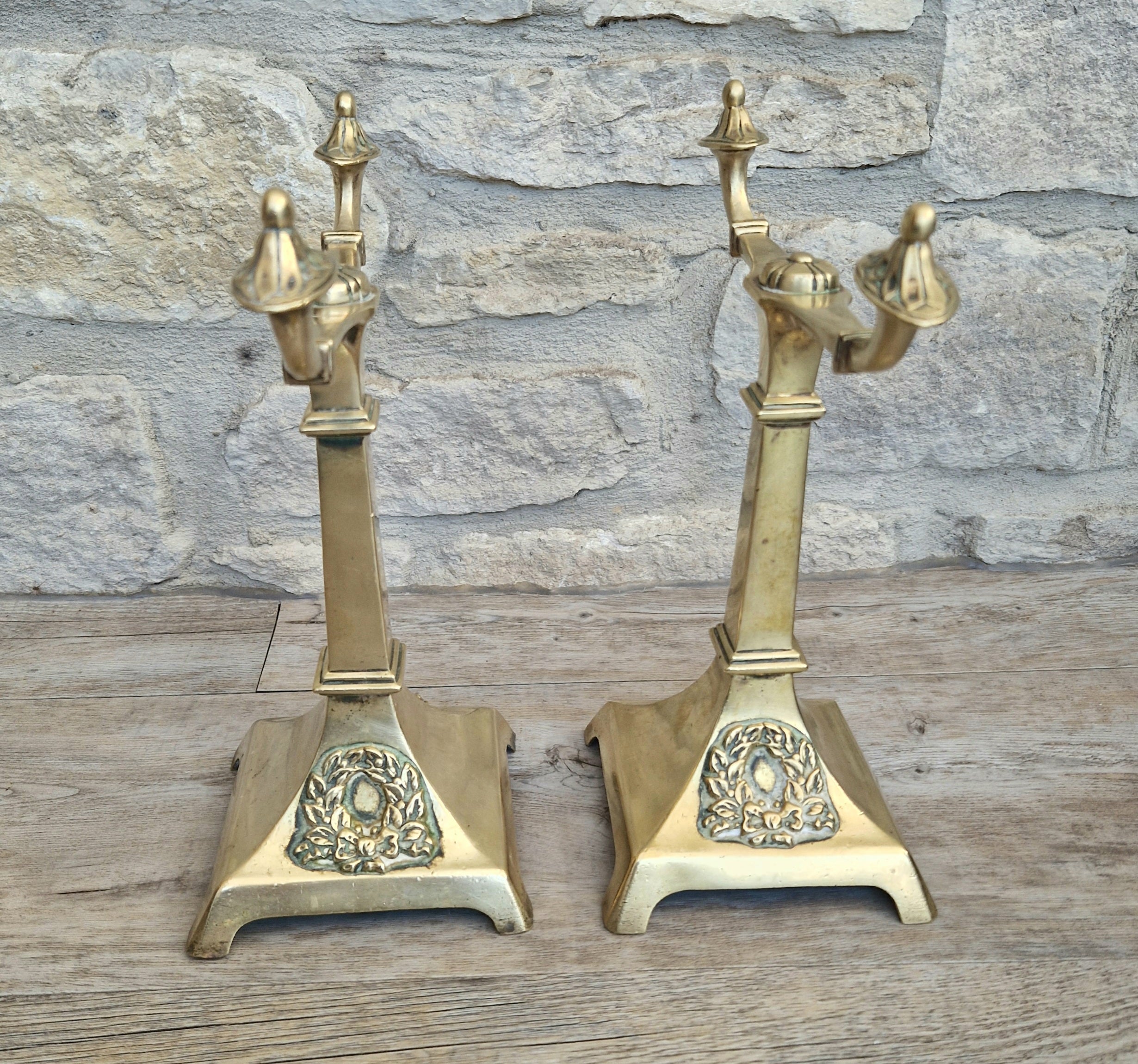 Louis XVI Revival Cast Brass Andirons Fire Dogs Wreath Relief Decoration Pair (c.1870–1900)
