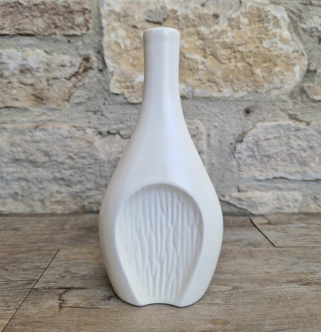Fulham Pottery White Vase Satin Glaze Textured Cut Away Design Stem Vase Vintage