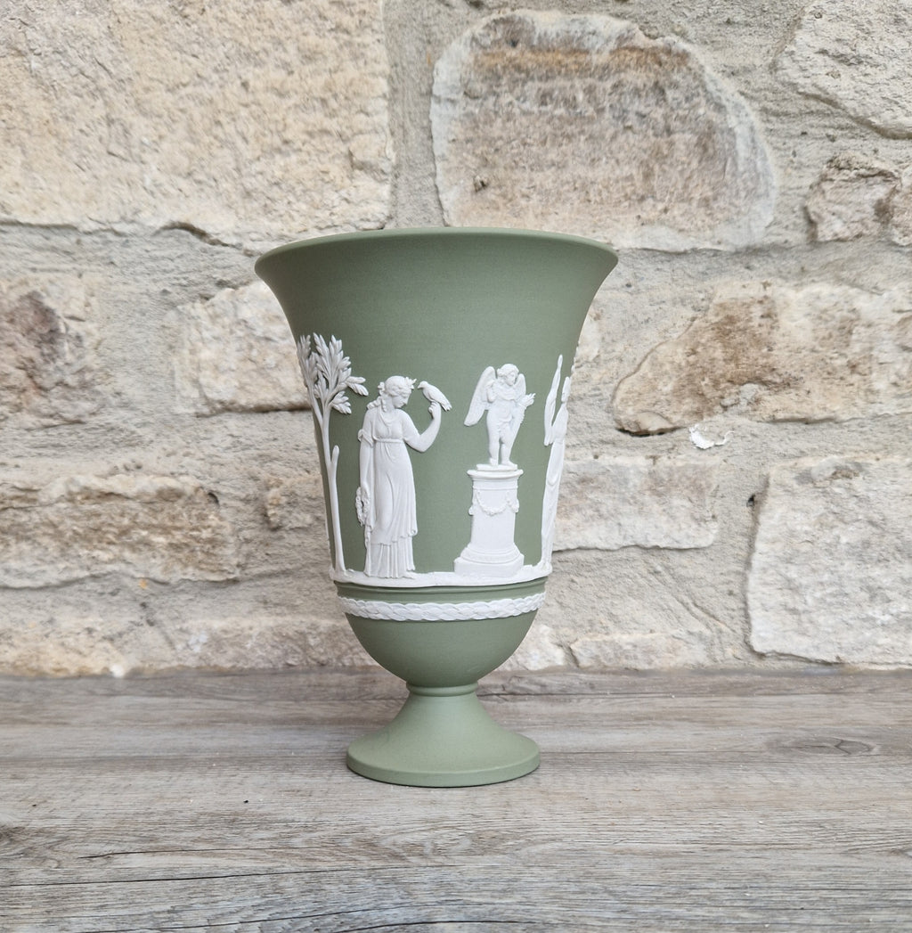 Wedgwood Sage Green Jasperware Arcadian Pedestal Trumpet Mantle Vase - Vintage.Made in England 17cm Tall