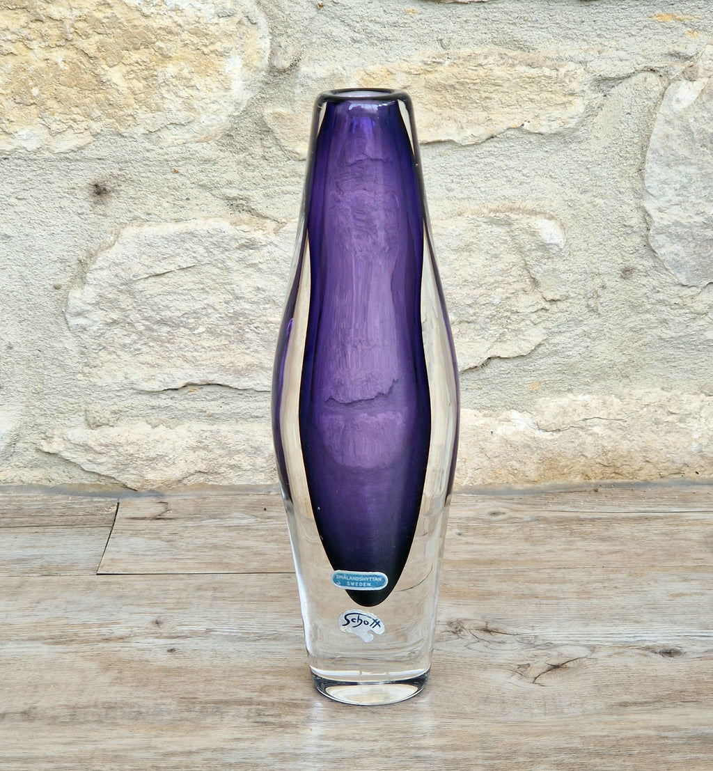 Vintage Smålandshyttan Sweden Amethyst Glass Vase Josef Schott Double Label Mid Century 20cm
