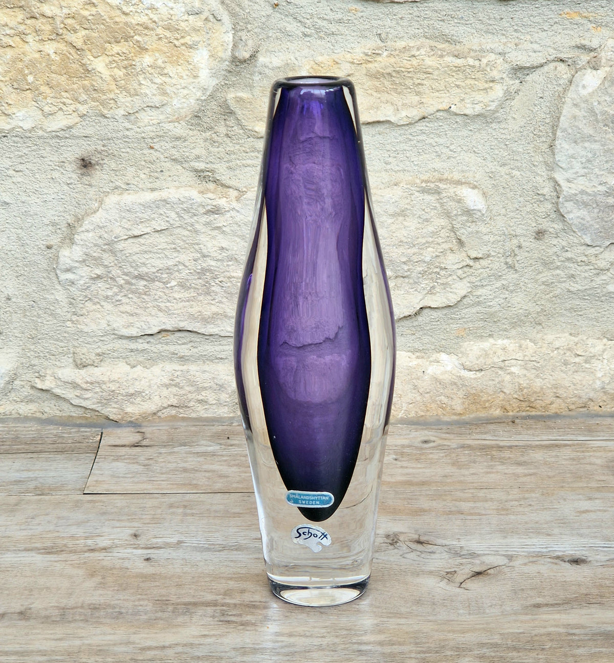 Vintage Smålandshyttan Sweden Amethyst Glass Vase Josef Schott Double Label Mid Century 20cm