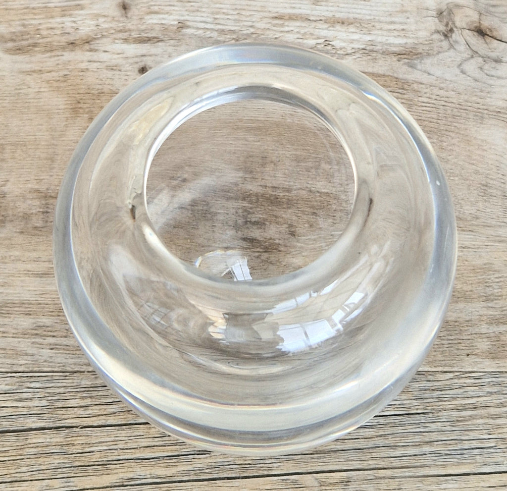 Heavy Mid-Century Clear Hand-Blown Art Glass Ovoid Vase With Polished Frosted Ring Base
