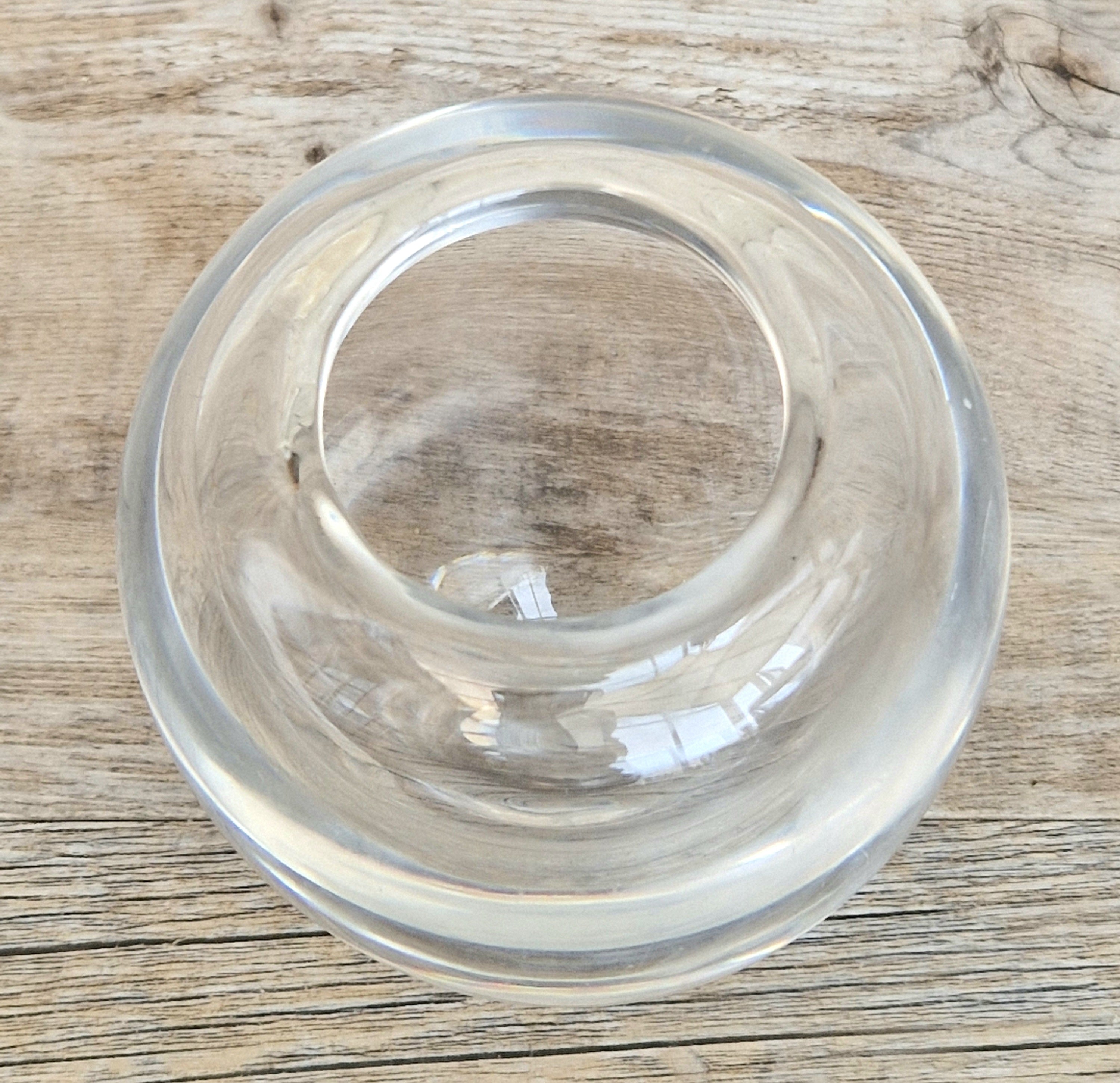 Heavy Mid-Century Clear Hand-Blown Art Glass Ovoid Vase With Polished Frosted Ring Base