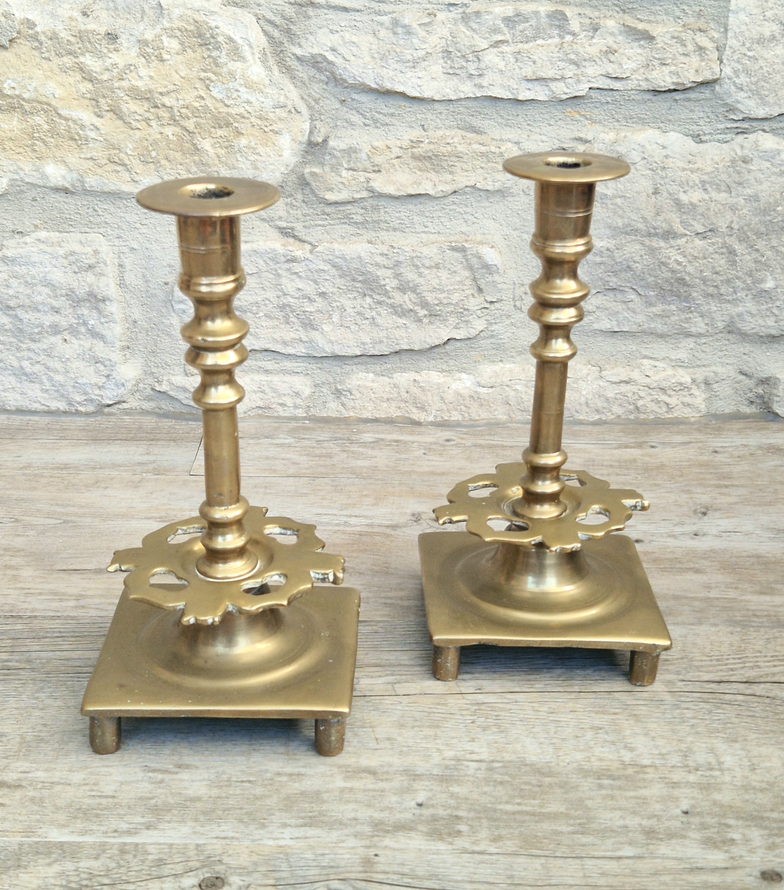 18th Century Solid Turned Brass Russian Sabbat Candle Holder Sticks Very Rare