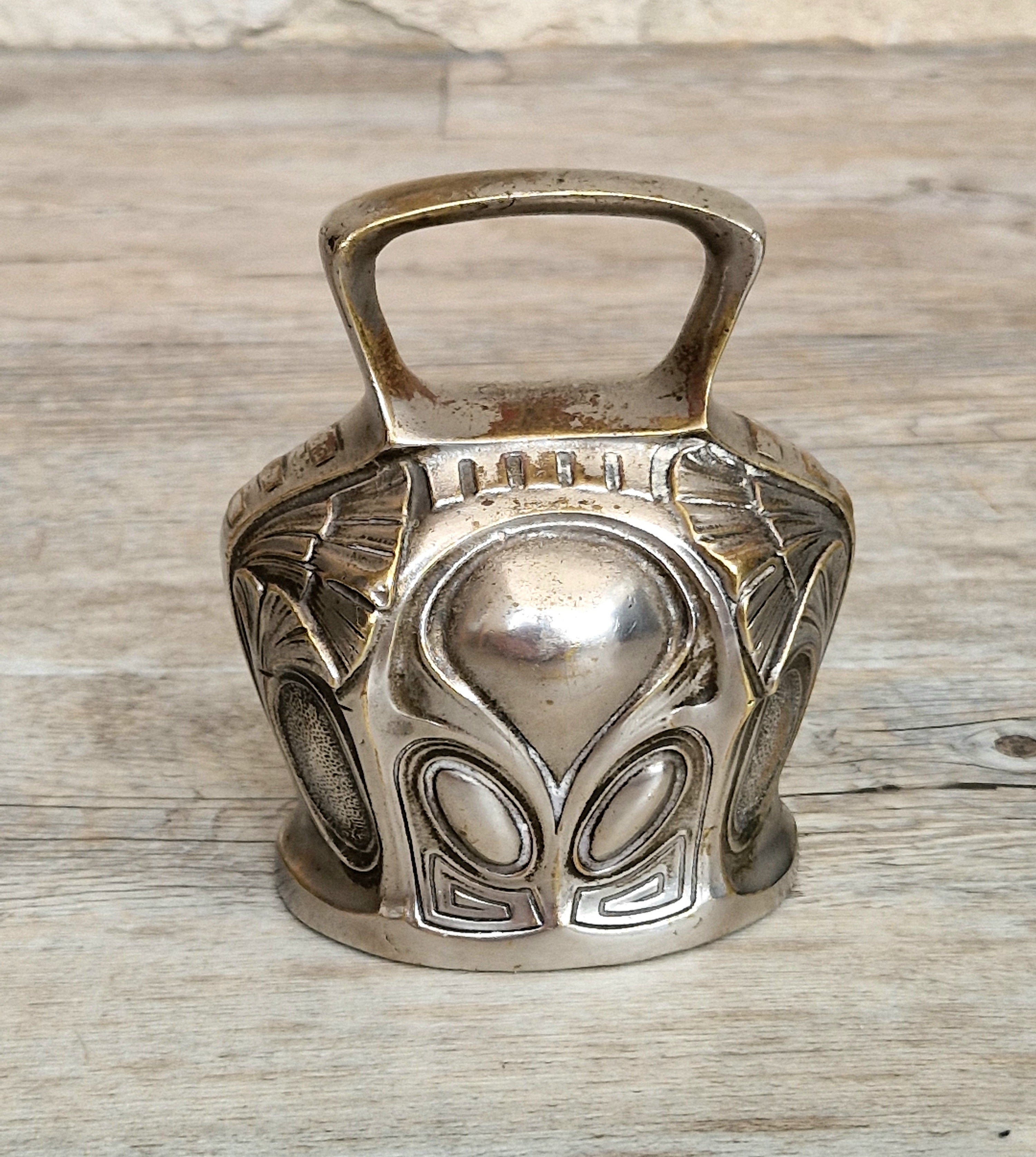 Antique Art Nouveau Silvered Bronze Large Ornate Decorated Table Bell