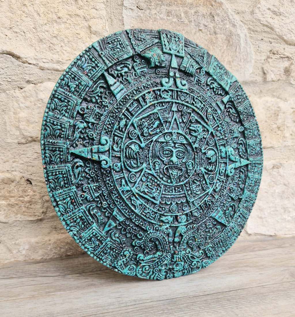 Vintage Green Malachite Composite Aztec Sun Stone Calendar Stone Wall Plaque