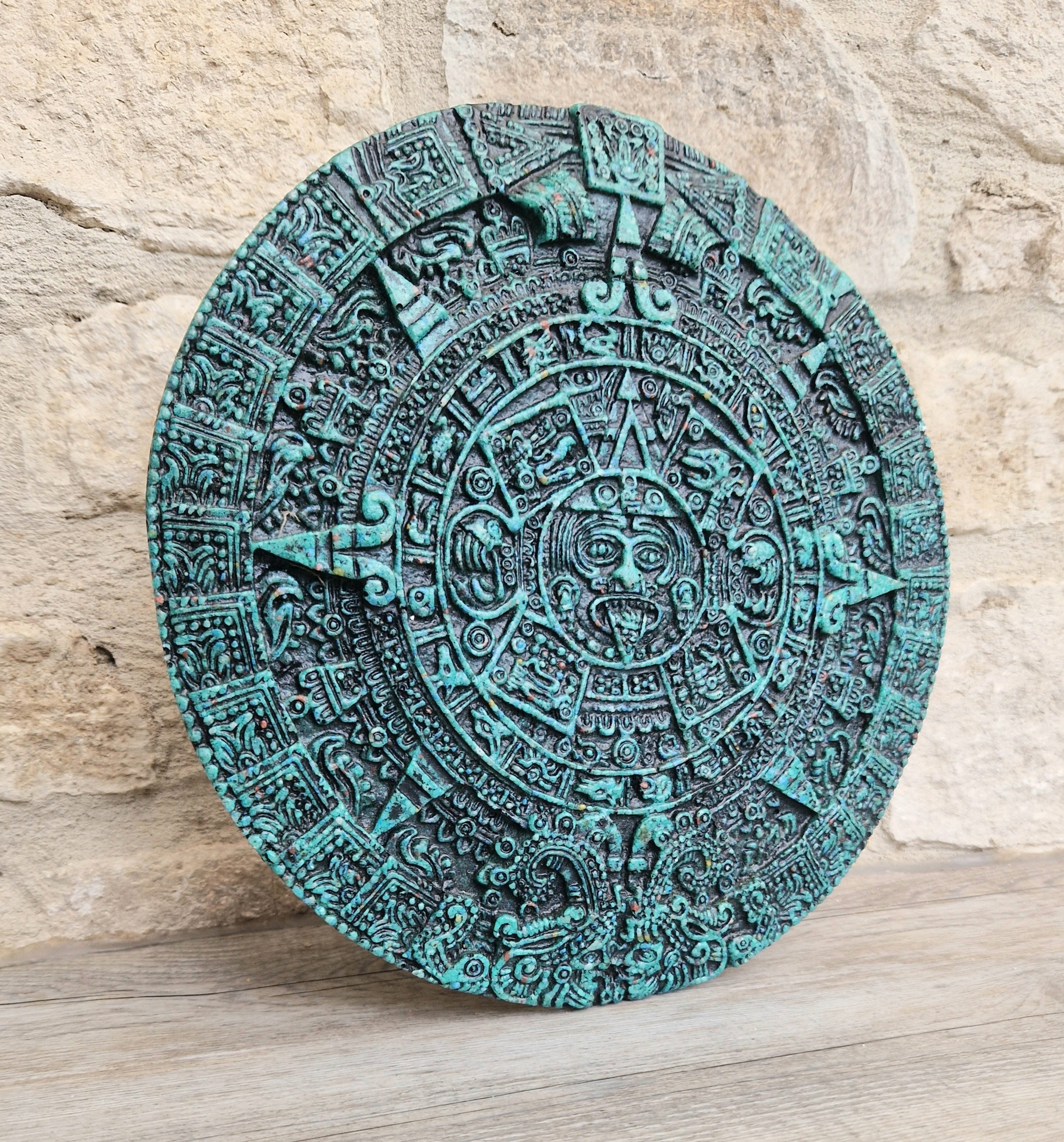 Vintage Green Malachite Composite Aztec Sun Stone Calendar Stone Wall Plaque