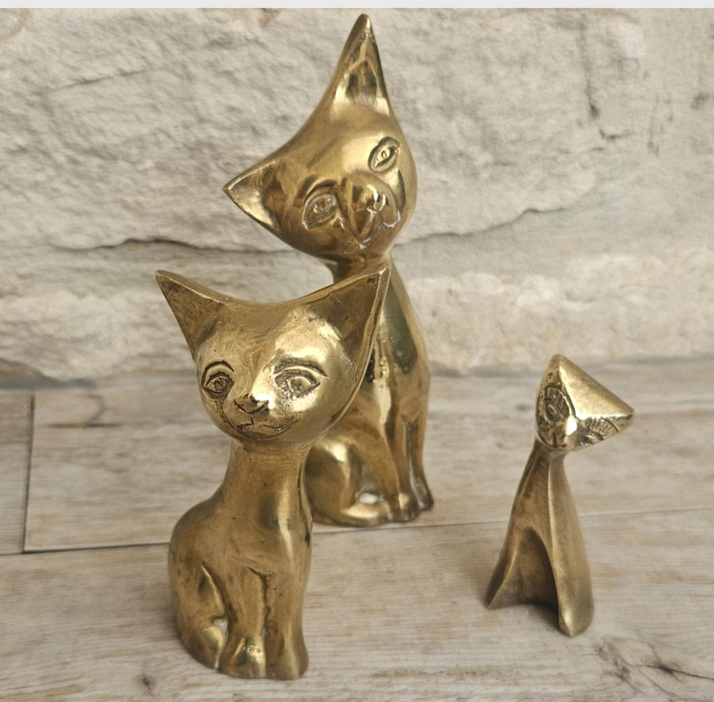 Mcm Solid Brass Cats Figures Ornaments  X3 Brass Cat Family Heavy with Patina