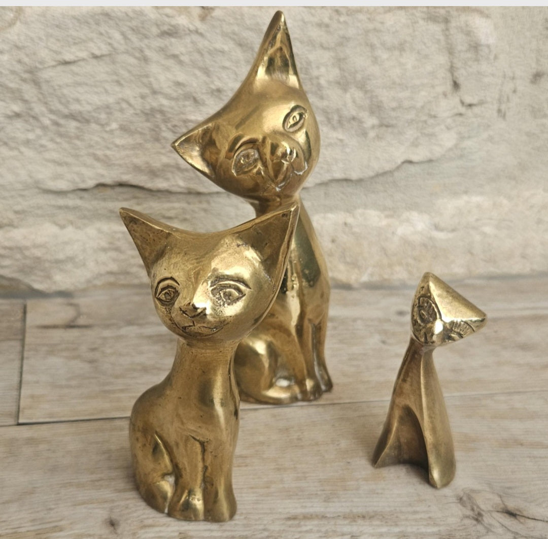 Mcm Solid Brass Cats Figures Ornaments  X3 Brass Cat Family Heavy with Patina