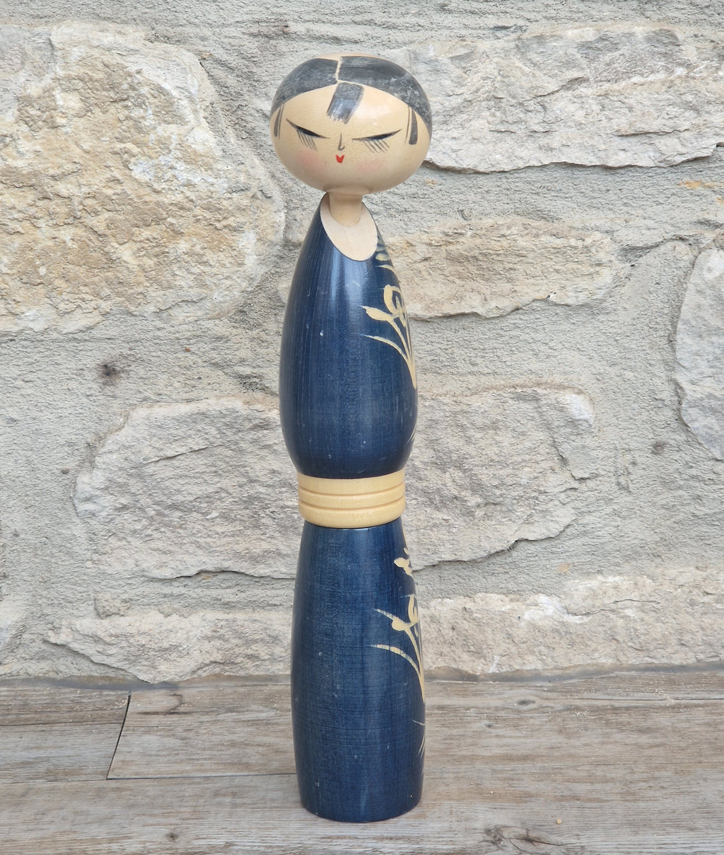 Vintage Japanese Sosaku Kokeshi Doll by Sato Suigai Signed Semishigure Blue Wooden Folk Art 25cm