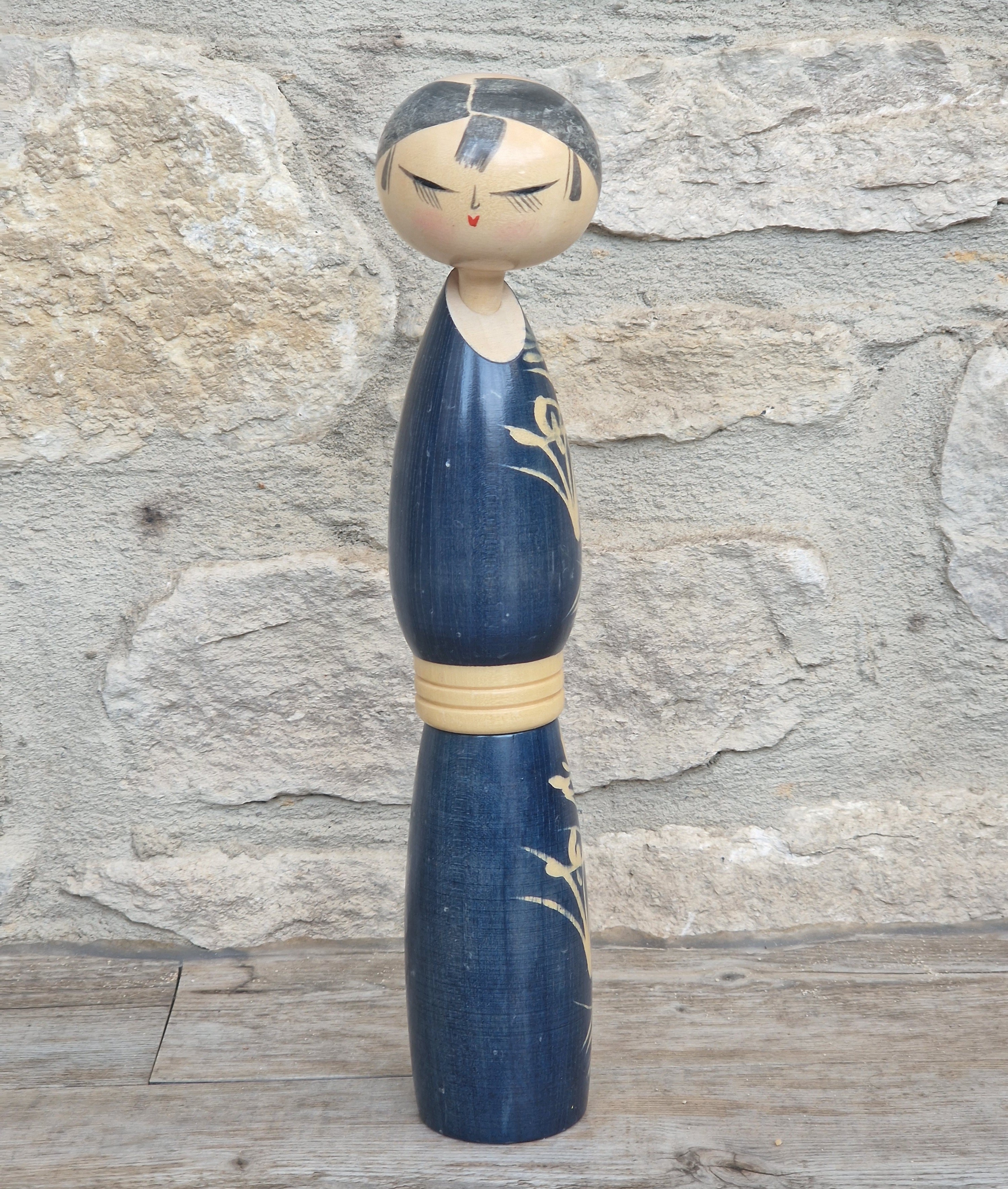 Vintage Japanese Sosaku Kokeshi Doll by Sato Suigai Signed Semishigure Blue Wooden Folk Art 25cm