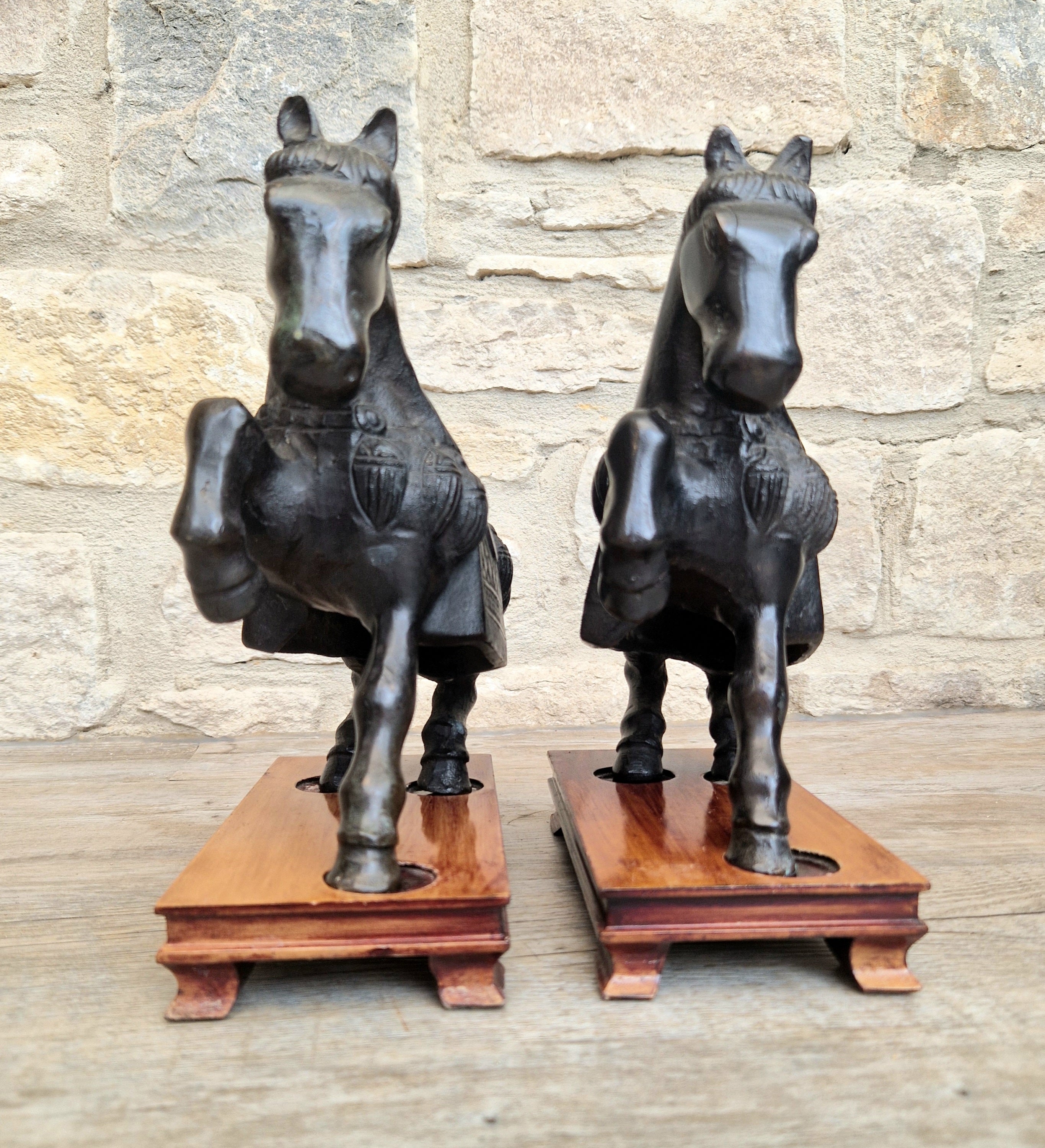 Fine Pair of Vintage Heavy Cast Bronze Tang-Style Chinese Horse Sculptures On Wooden Plinths