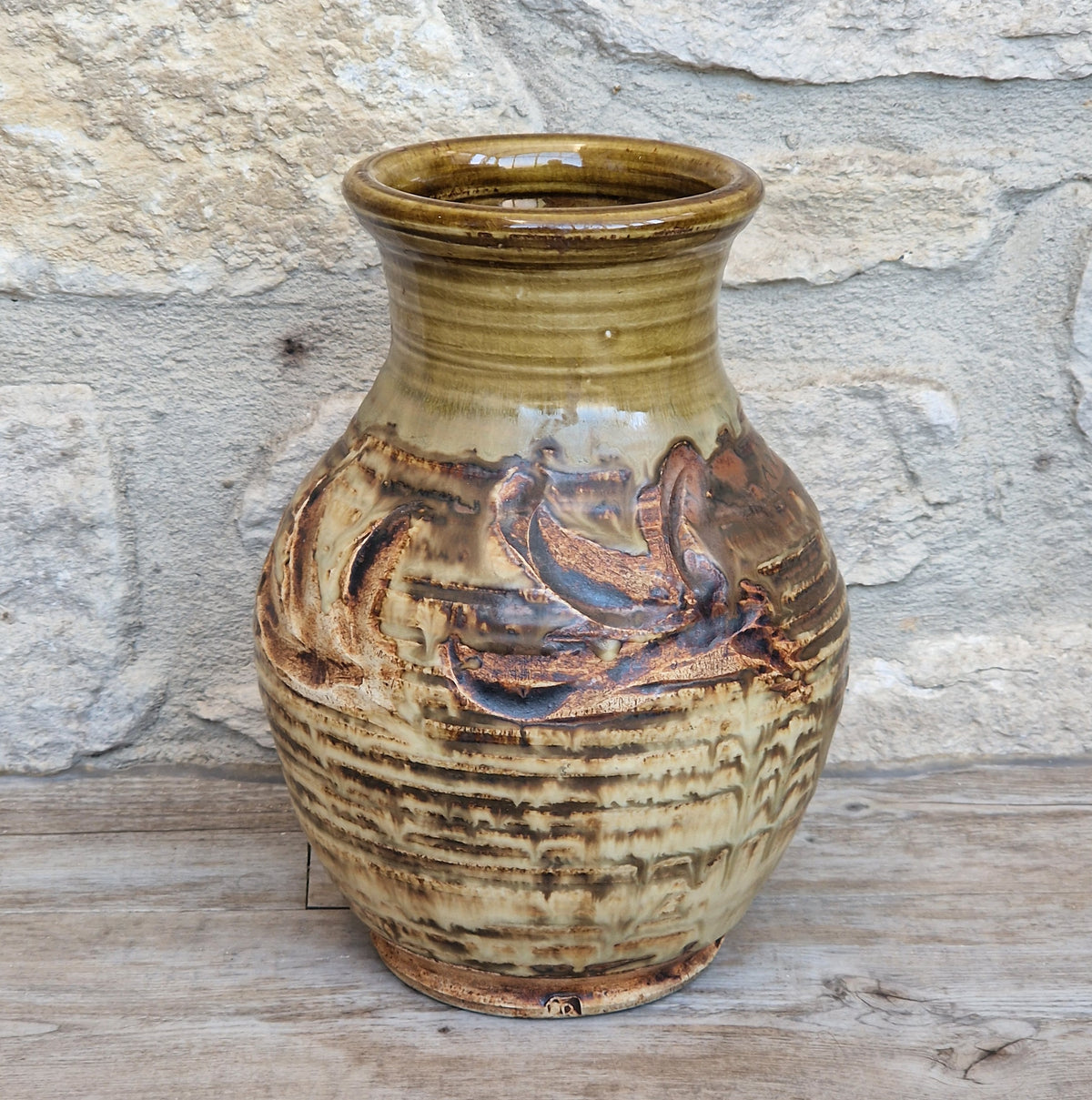Vintage Studio Art Pottery Urn Vase Olive Green Ribbed Decoration 20cm Impressed Mark & Signed