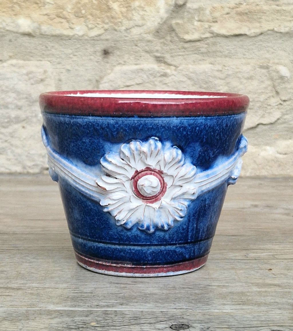 Italian Majolica Ceramic Blue & Red Floral Planter Vase Vintage