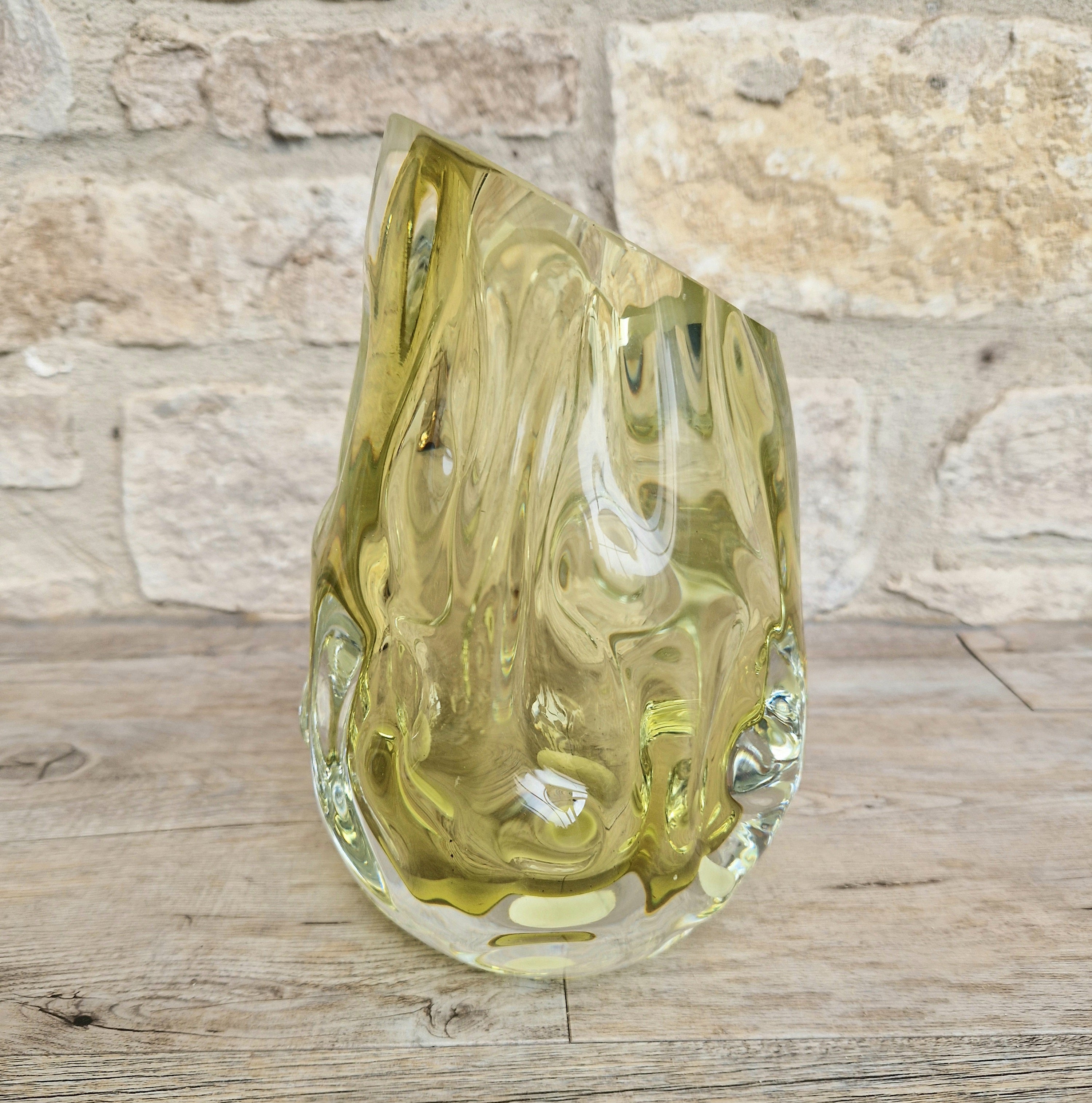 Murano Burri Glass Asymetrical Vase Light Olive Green Heavy Textured Vintage