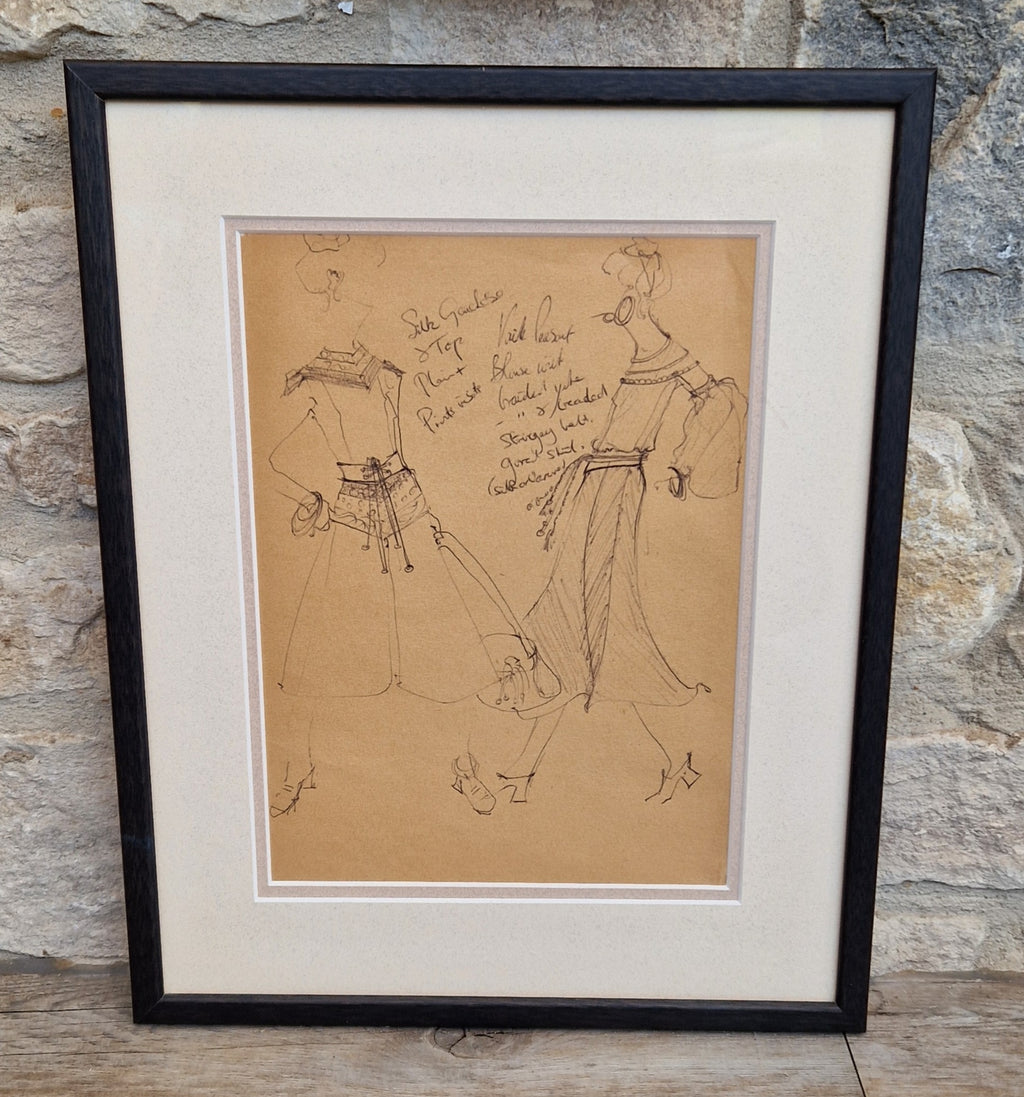 1970s Couture Fashion Drawings Double Framed Sketches Original Bill Gibb Style