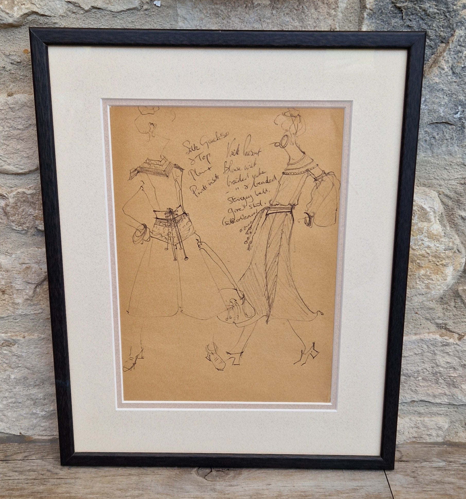 1970s Couture Fashion Drawings Double Framed Sketches Original Bill Gibb Style