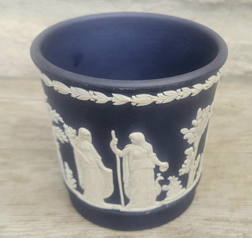 Vintage Wedgwood Cobalt Blue White Relief Neoclassical Small Cache Pot Made in England 7.5cm Tall