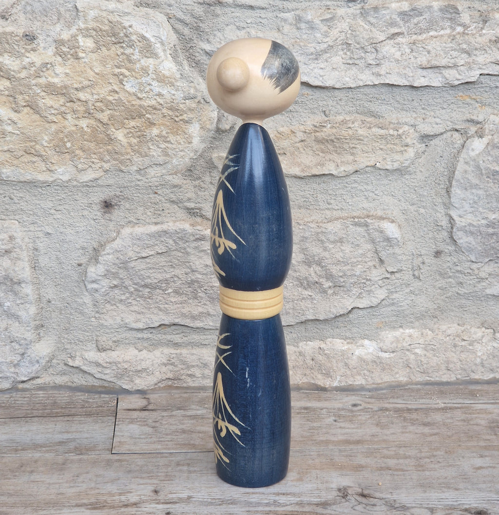 Vintage Japanese Sosaku Kokeshi Doll by Sato Suigai Signed Semishigure Blue Wooden Folk Art 25cm