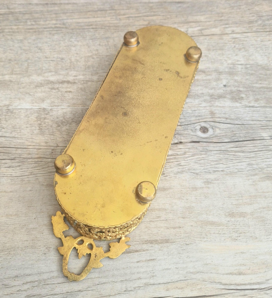 Antique Brass Filligree Rococo Style Desk Pen Tray Holder