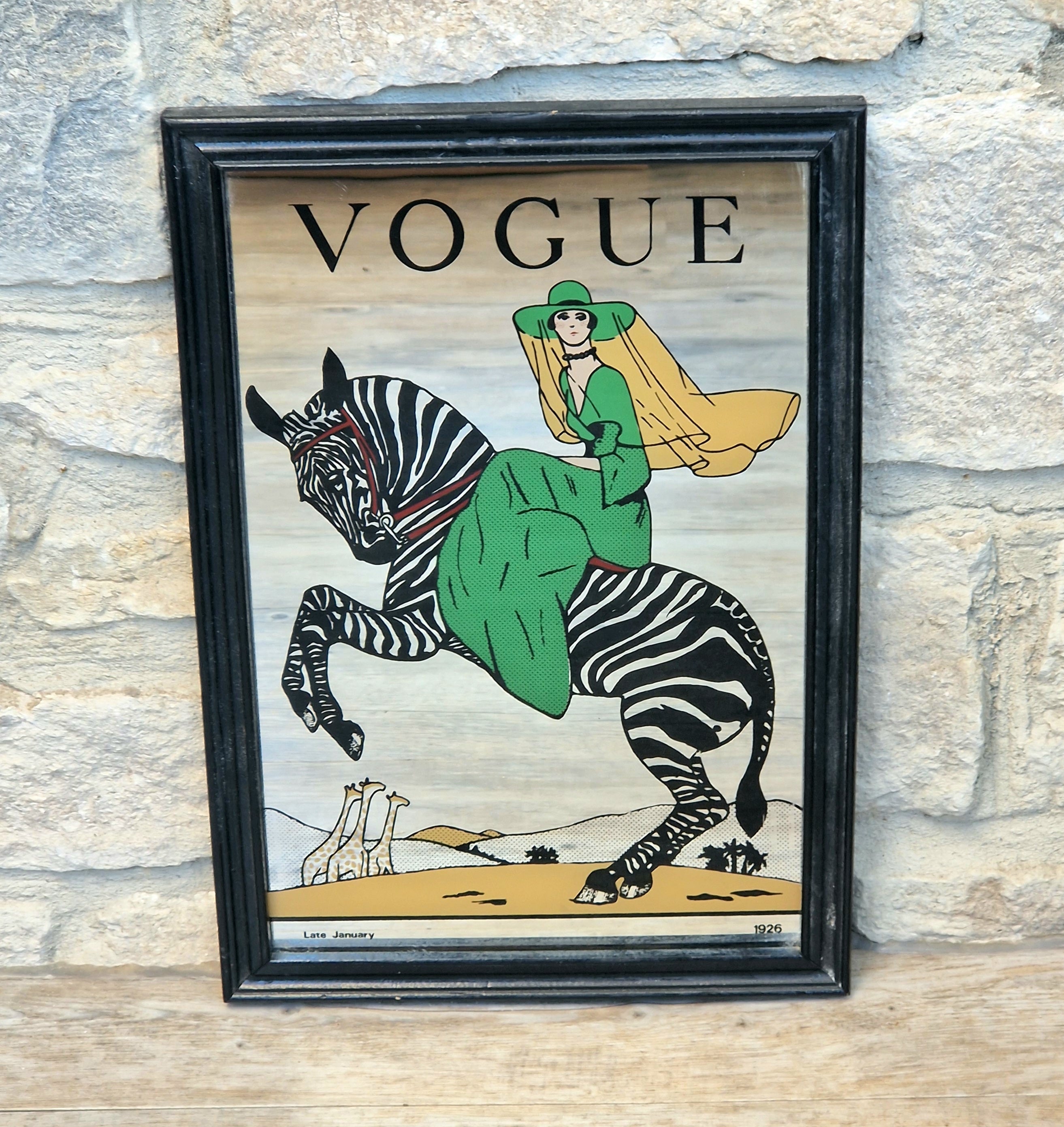 Vintage 1970s Art Deco Vogue Mirror Framed Zebra Fashion Magazine Cover Wall Decor Sign