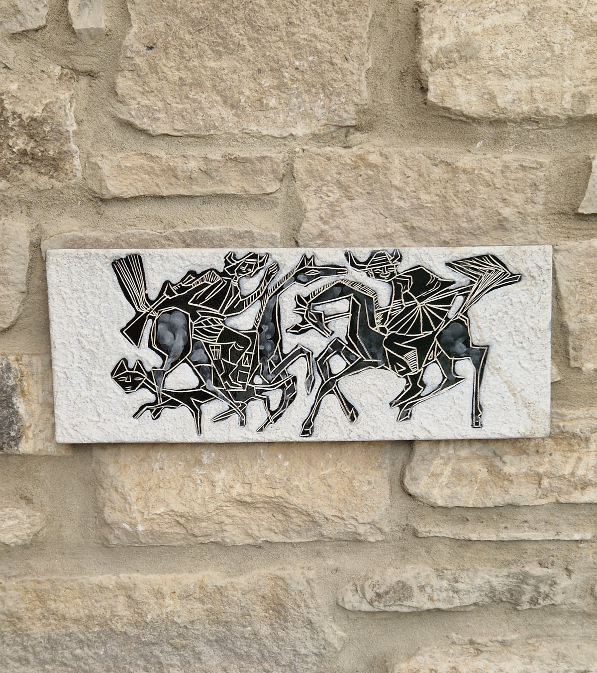 Mid-Century Italian Ceramic Art Plaque Warriors On Horseback Glazed Textured Art