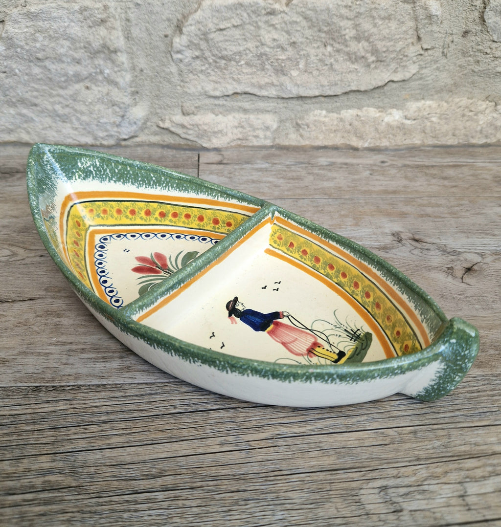 Vintage Henriot Quimper Faience Ceramic Boat Shape Divided Serving Dish